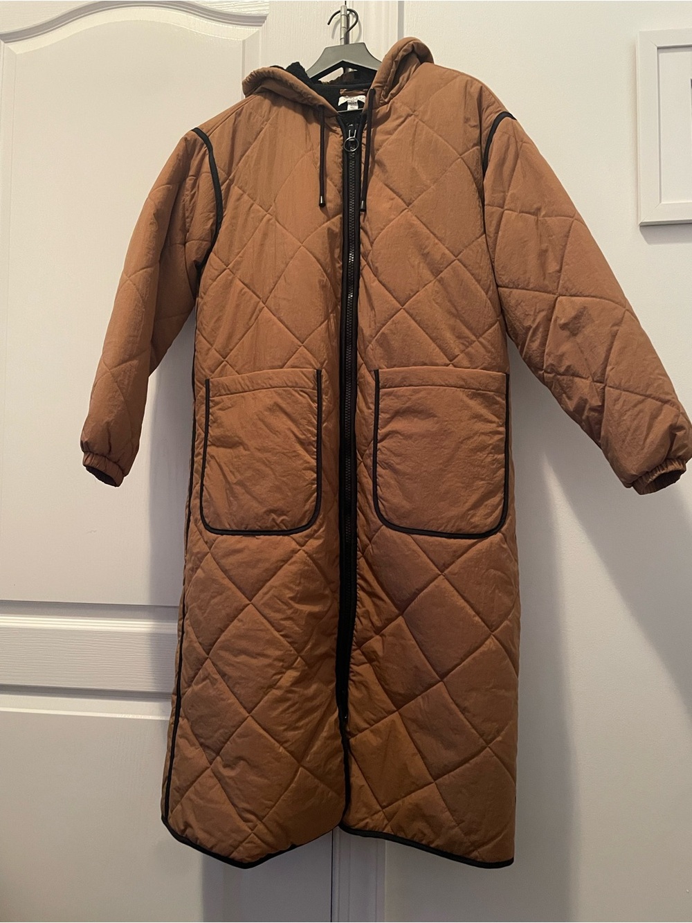 Topshop Brown Puffer Jacket with Black Trim